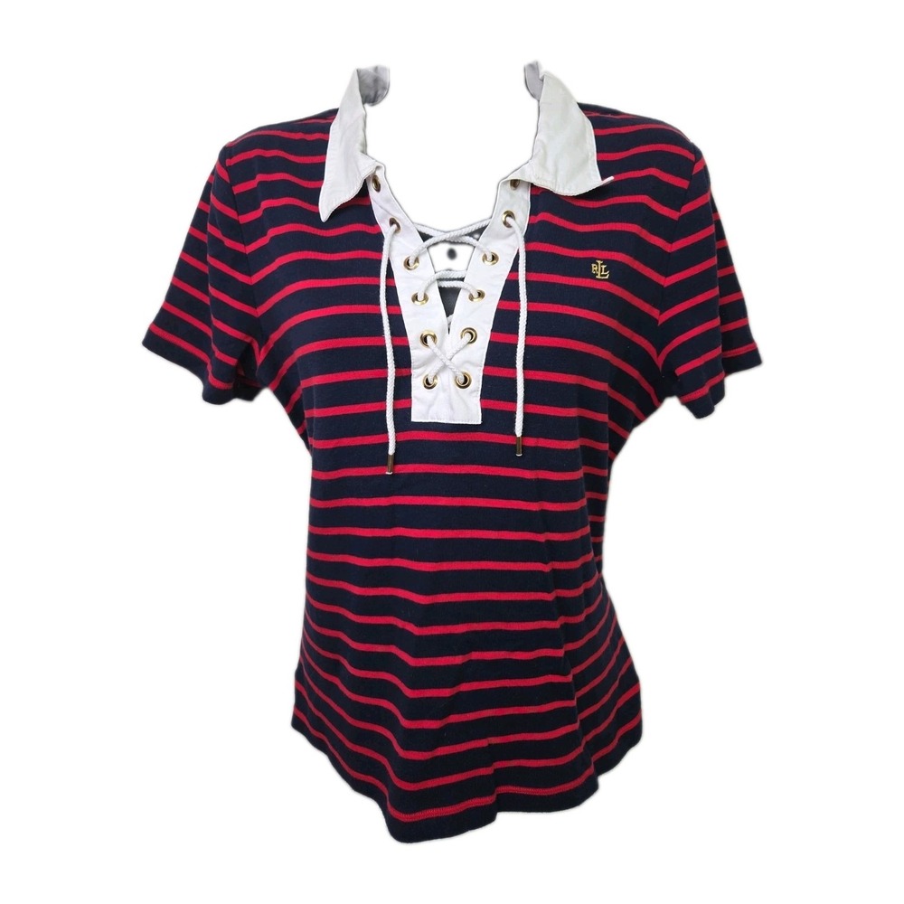 Vtg Lauren Ralph Lauren Nautical Striped Rope Lace-Up Collared Polo Shirt Size L